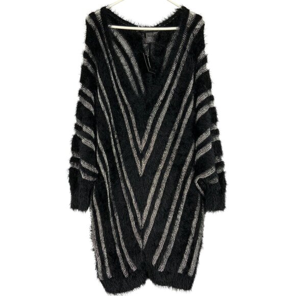 Ashley Stewart Oversized Sweater Tunic Black Gray Striped V-Neck Size 22/24 NWT - Picture 1 of 7